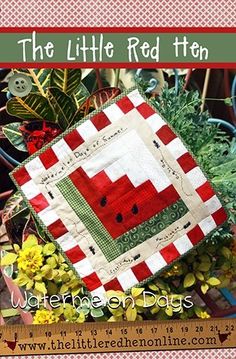 the little red then quilt pattern is on display in front of some flowers and plants