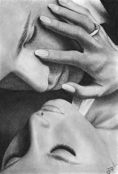 a pencil drawing of two people touching each other's foreheads with their hands