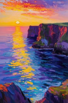 an oil painting of the sun setting over the ocean with cliffs on either side and water below