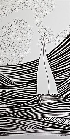 a black and white drawing of a sailboat in the middle of an ocean with waves