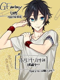 an anime character with black hair and blue eyes, wearing a white t - shirt