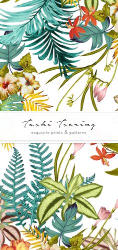 an image of flowers and leaves on a white background with the words exotic print & patterns