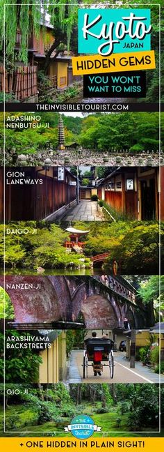 an advertisement for the hidden gems tour in japan, with images of houses and trees