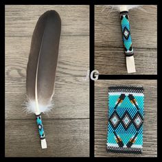 three pictures showing the process of making a beaded feather pen holder with beads and feathers