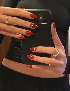 #nailsinspo #rednails #stars Red Nails Acrylic Star, Red Nails With A Star, Red Nails With Star Design, Red Star Nail Designs, Red Nails Star Design, Red Nails Pattern, Nail Ideas Red Short, Red Nails With Nail Art, Nails For Red Outfit