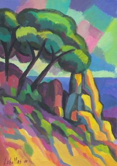 a painting of some trees on a hill