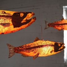 three fish shaped lamps hanging from the ceiling