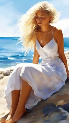a painting of a woman in a white dress sitting on the sand at the beach