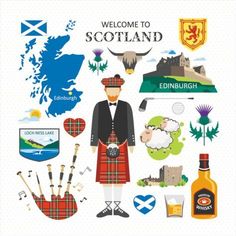 a poster with scottish symbols and the country name