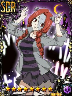 an anime character with long red hair wearing a purple dress and grey jacket, holding her hands up in the air