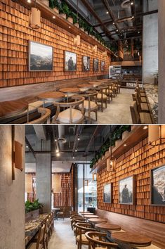 two pictures of the inside of a restaurant with wooden tables and chairs