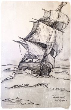 a drawing of a sailboat in the ocean with waves coming up on it's side