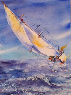 a watercolor painting of a sailboat in the middle of an ocean with waves