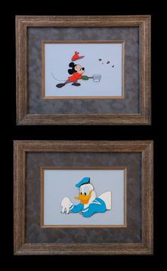 two framed pictures with mickey mouse and donald duck