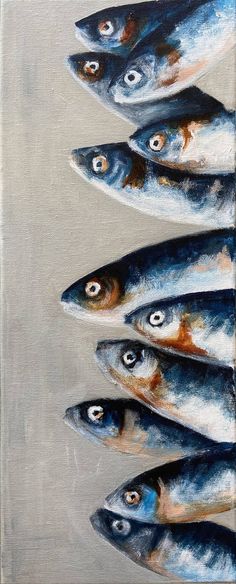 an oil painting of fish with eyes on them