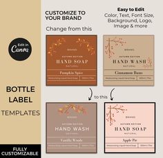 four different types of business cards with the words, hand soap and customize to your brand