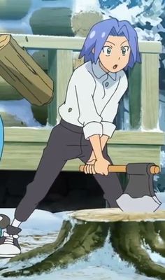 an animated image of a woman with blue hair holding a shovel and standing in front of a bench