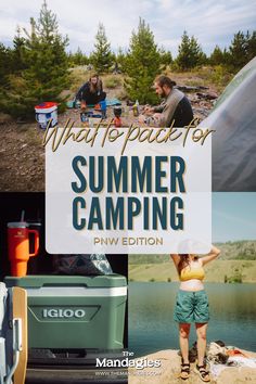 the cover of what to pack for summer camping, with images of people sitting at campsite