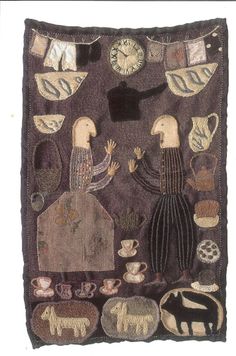 an embroidered wall hanging with two people and animals in the center, surrounded by other decorative items