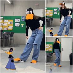 a woman in jeans and a duck costume