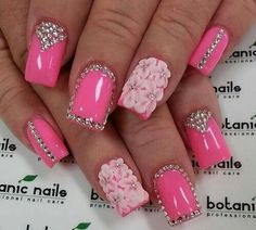 Nails Design, Acrylic Nail Designs, Pink Bling Nails, Bright Pink Nails