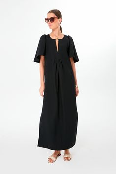 Black Finley Flutter Sleeve Maxi Dress Dress With Glasses Outfits, Cupro Dress, Glasses Outfit, Ss 2024, Eye Silhouette, Summer Style Guide, Notched Neckline, Diff Eyewear, Pregnancy Looks