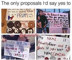 some people holding signs and donuts in front of a sign that says, the only proposals i'd say yes to