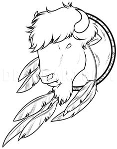 a drawing of a bison with feathers on it's head and an arrow in its mouth