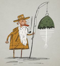 an old man holding a fishing pole next to a green umbrella