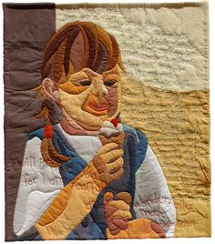 a close up of a quilt with a woman holding a bird on it's shoulder