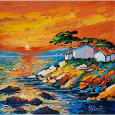 an oil painting of houses on a cliff by the ocean with sunset in the background