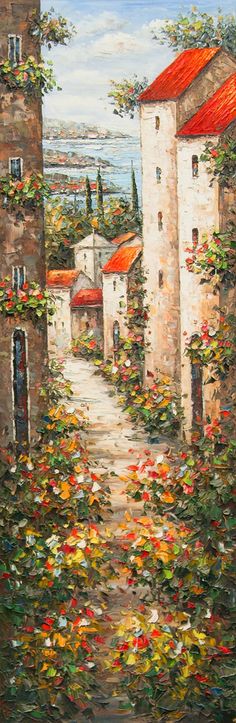 a painting of an alley with flowers growing on it