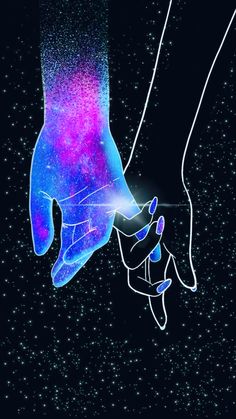 two hands holding each other with stars in the background