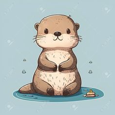 an otter is sitting in the water with its paws on his chest and eyes closed