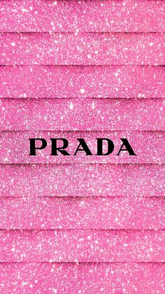 the word prada is written in black on a pink background with white speckles