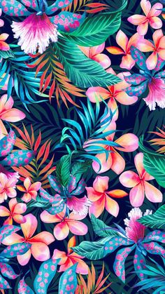 colorful tropical flowers and leaves on a black background