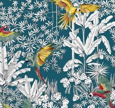 the birds are flying over the white flowers and plants on the blue background with green leaves