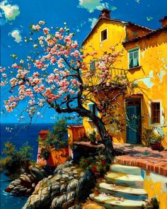 a painting of a house with stairs leading up to the door and flowers on the tree