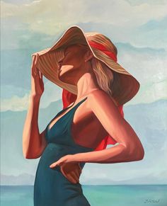 a painting of a woman with a hat on her head standing in front of the ocean