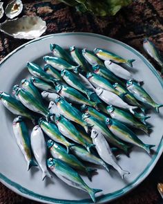 there are many small fish on the plate and one is blue, green and white