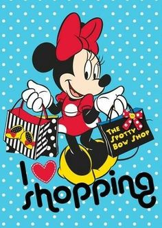 minnie mouse holding shopping bags with the words i love shopping