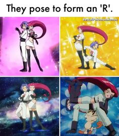 four different anime characters with caption that reads, they pose to form an r