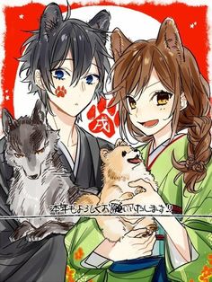 two anime characters with cats and dogs in front of a red background, one is holding the