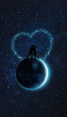 two people standing on top of a planet in the shape of a heart with stars