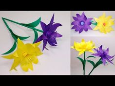 four different types of paper flowers are shown in three different stages, one is yellow and the other is purple