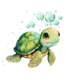 a green sea turtle with bubbles floating around it's neck and head, on a white background