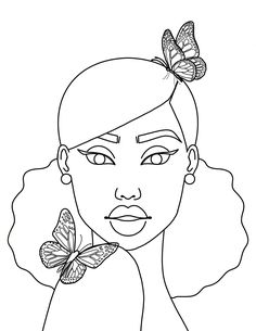 a girl with butterflies on her head and one butterfly flying over her shoulder, in black and white