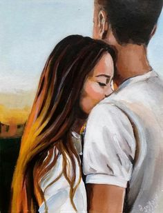a painting of a couple embracing each other