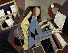 a painting of a woman playing the piano