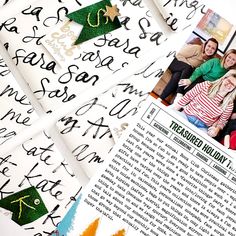 the family is posing for a photo in front of their christmas tree and handwritten letters